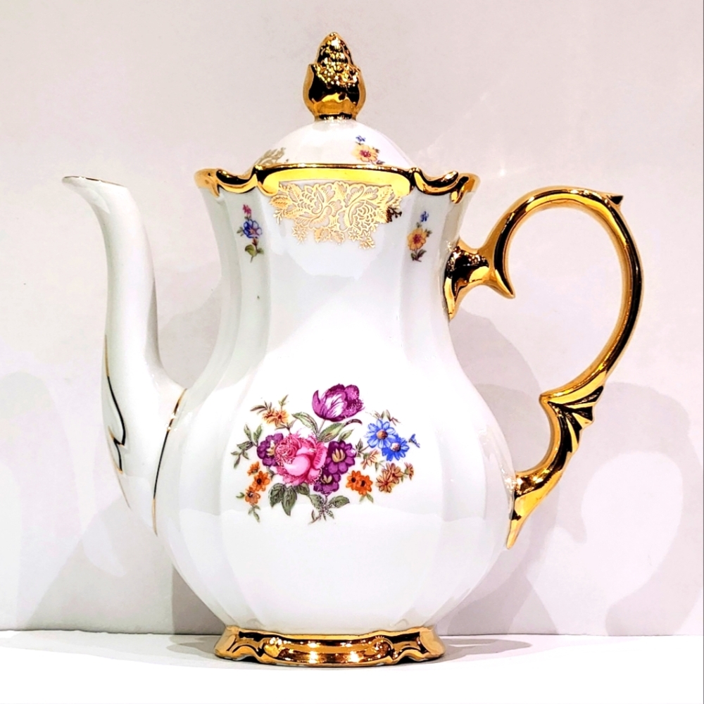 German Reichenback large coffee or tea pot gold guild flower theme.